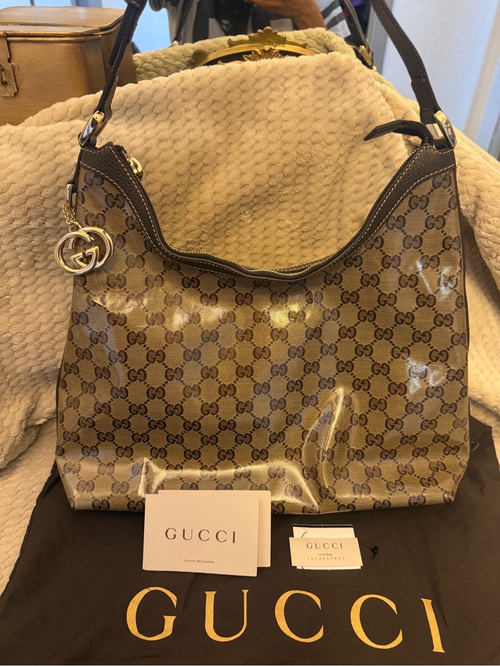 Gucci Brown GG Monogram Coated Canvas Hobo Shoulder Bag with Gold Charm
